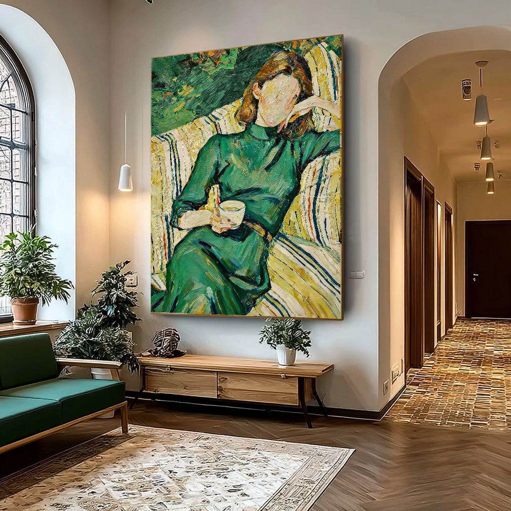 Emerald Green Impressionist Painting Faceless Woman In Dress Canvas Art Heavy Textured Wall Decor for Living Room