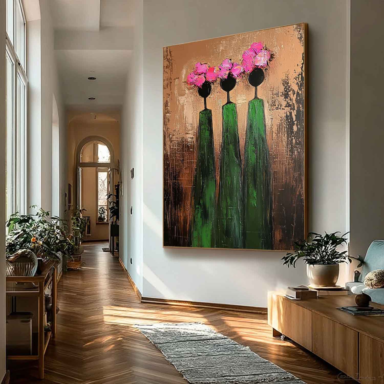 Pink And Green Modern People Silhouette Wall Art Original Retro Painting Abstract Simple Characters Artwork