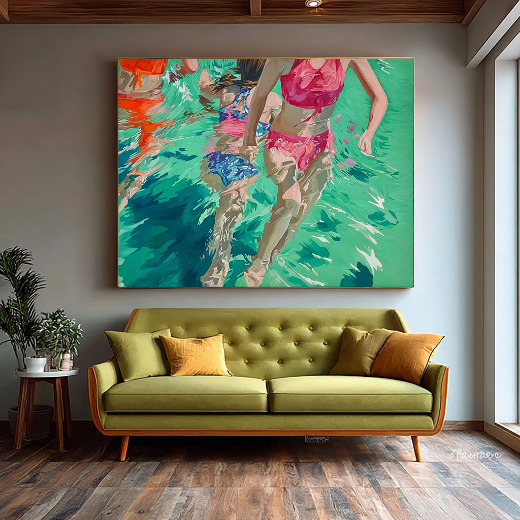 Original Girl Diving Oil Painting Diving In Ocean Sensual Woman Swimming Wall Art Abstract Colorful Artwork