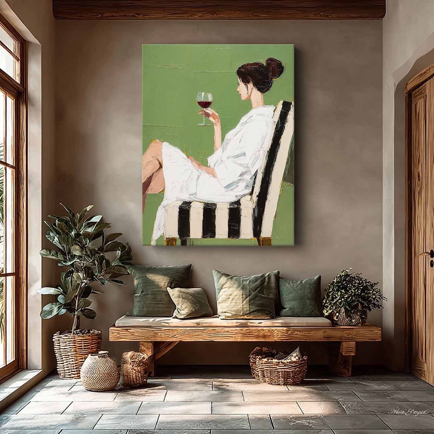 Abstract Lady Tasting Wine Oil Painting Canvas Original Beautiful Woman Wall Art Retro Figure Artwork