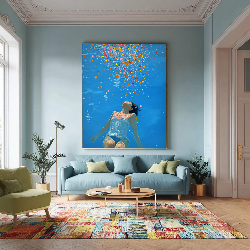 Blue Abstract Swimming Girl Wall Art Diving Oil painting Diving in Ocean Woman Handmade Canvas Artwork