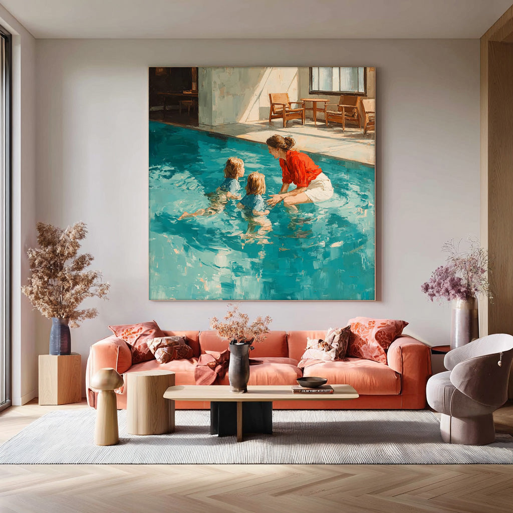 Original Family swimming Wall Art Square Diving In Ocean Mother And Her child Acrylic Painting Large Artwork