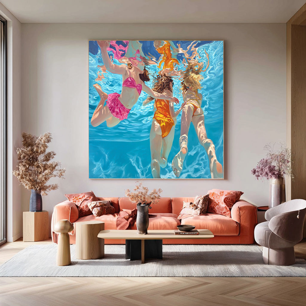 Original Girl swimming Wall Art Diving In Ocean Sensual Woman Acrylic Painting Lovely Lady Artwork