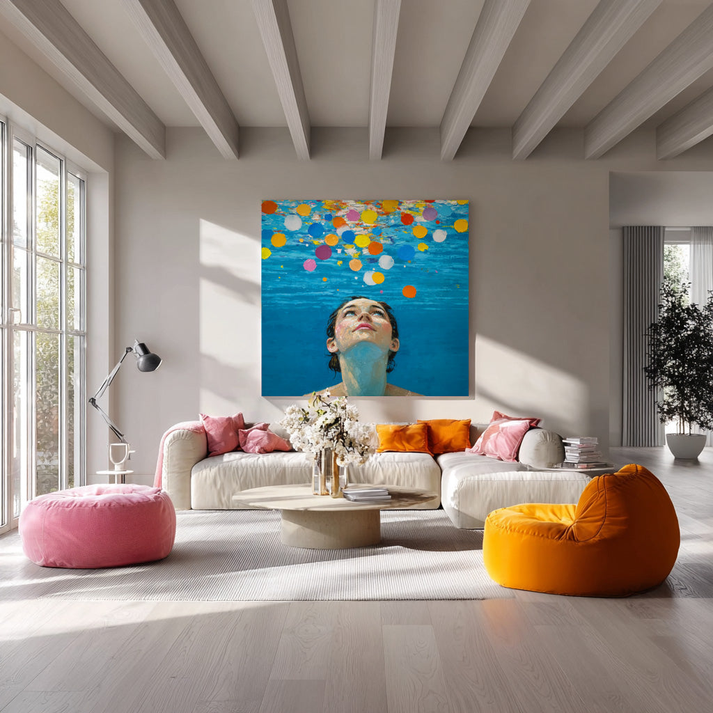 Diving Oil painting Blue Abstract Swimming Girl Wall Art Diving in Ocean Woman Handmade Canvas Artwork