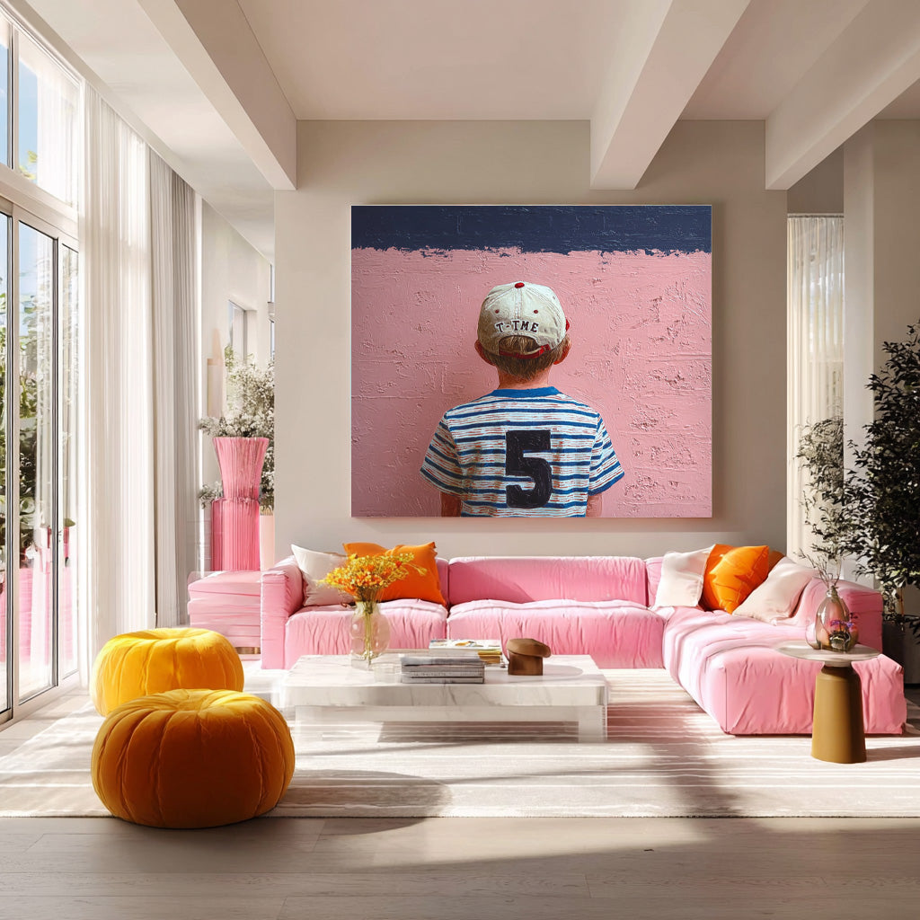 Original Pink Wall Art Minimalist Child Back view Painting Abstract Cool Boy Art For Living Room