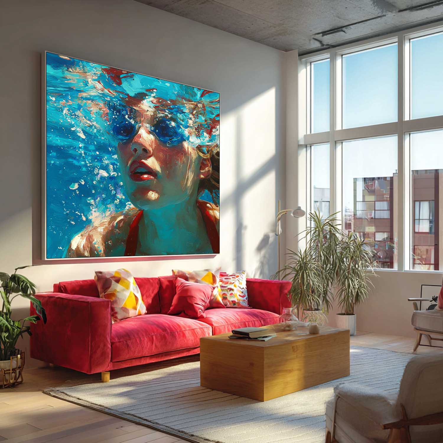 Original Woman swimming Wall Art Lady Artwork Square Diving In Ocean Girl Acrylic Painting Home Decor