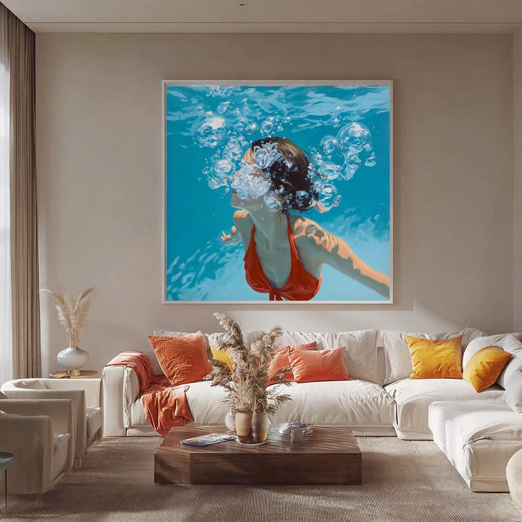 Lovely Lady Artwork Square Diving In Ocean Sensual Woman Acrylic Painting Original Girl swimming Wall Art