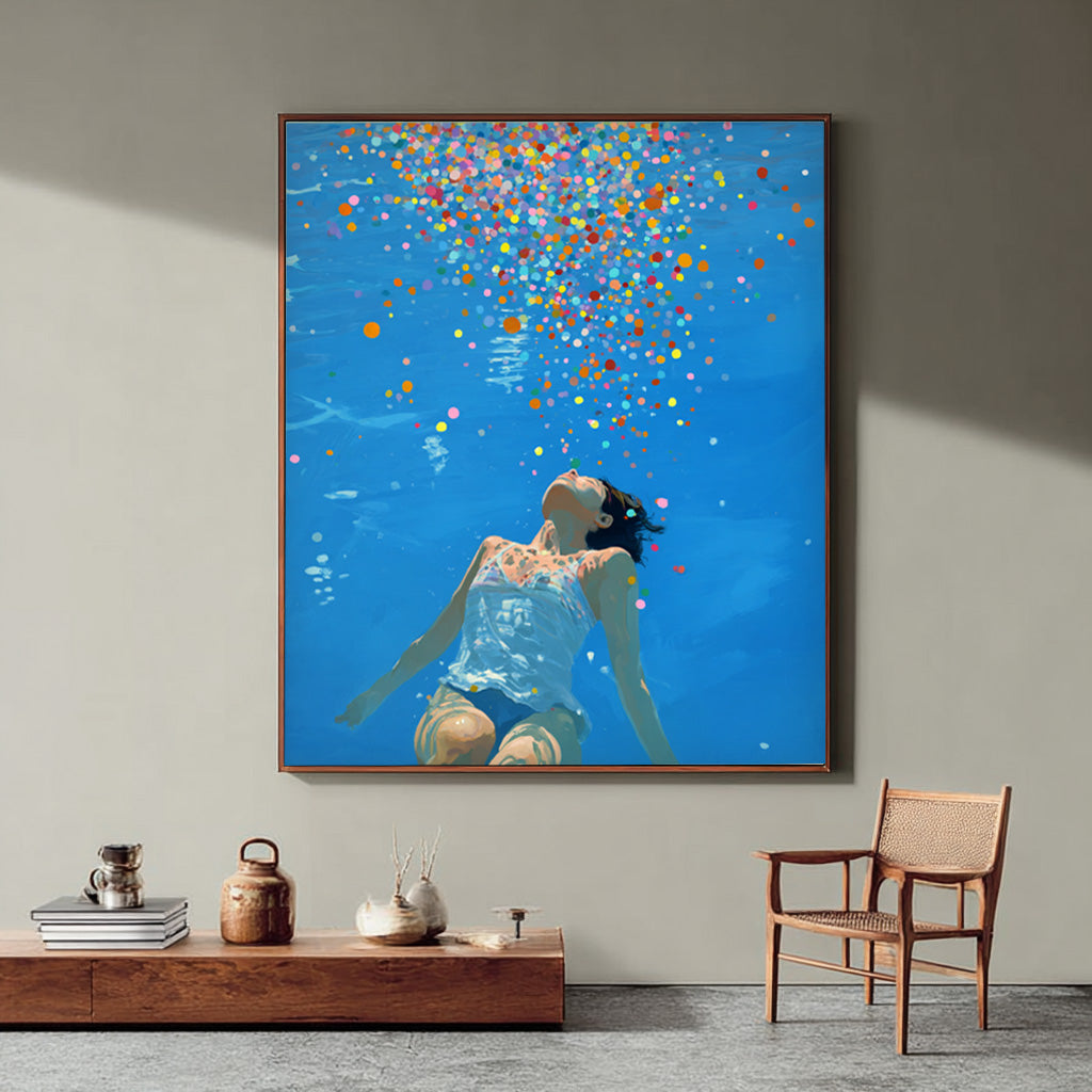 Blue Abstract Swimming Girl Wall Art Diving Oil painting Diving in Ocean Woman Handmade Canvas Artwork