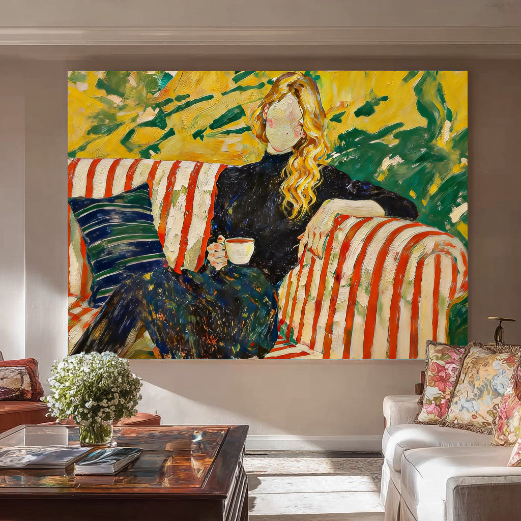 Contemporary Faceless Woman Portrait Vibrant Impasto Oil Painting Chic Aesthetic Gallery Wall Art For Over Couch