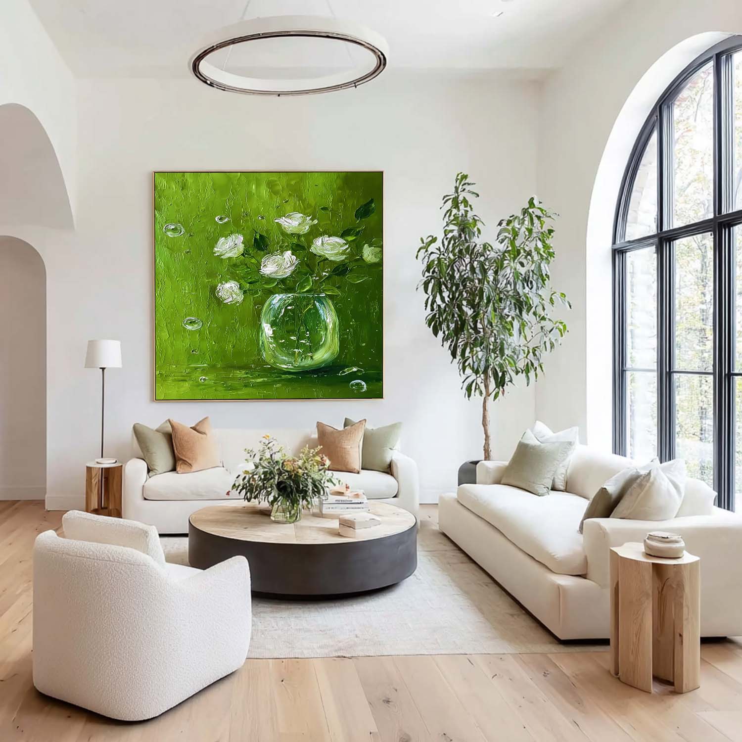 Modern Fresh Green & White Square Floral Canvas Textured Rose Oil Painting Healing Aesthetic Still Life Decor