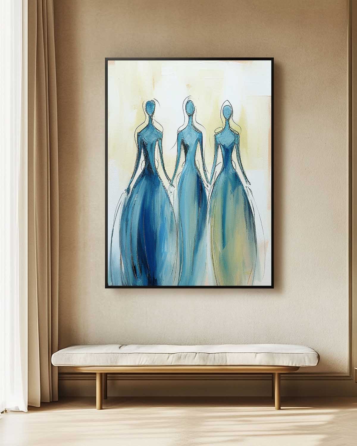Modern Blue Minimal Abstract Painting Figure Neutral Wall Decor Line Contemporary Gallery Wall Art