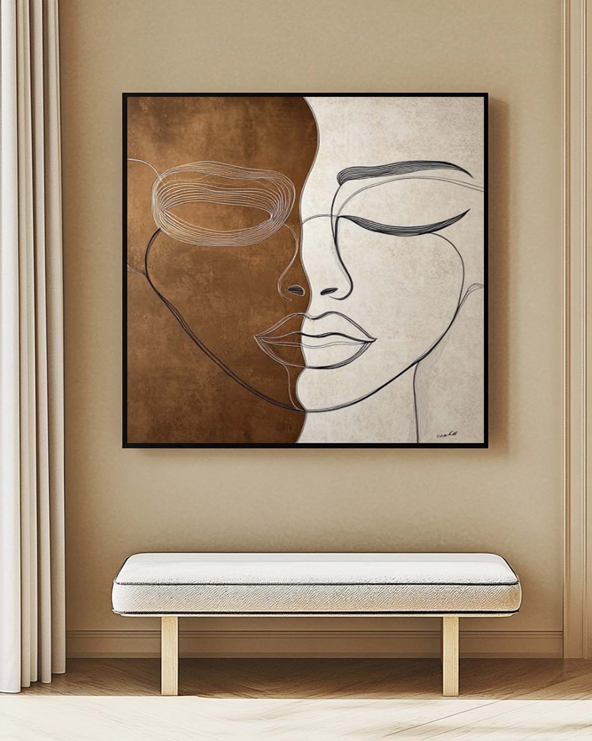 Lady Face Abstract Wall Art Square Original Wabi-sabi Minimalism Portrait Painting Canvas Large Artwork