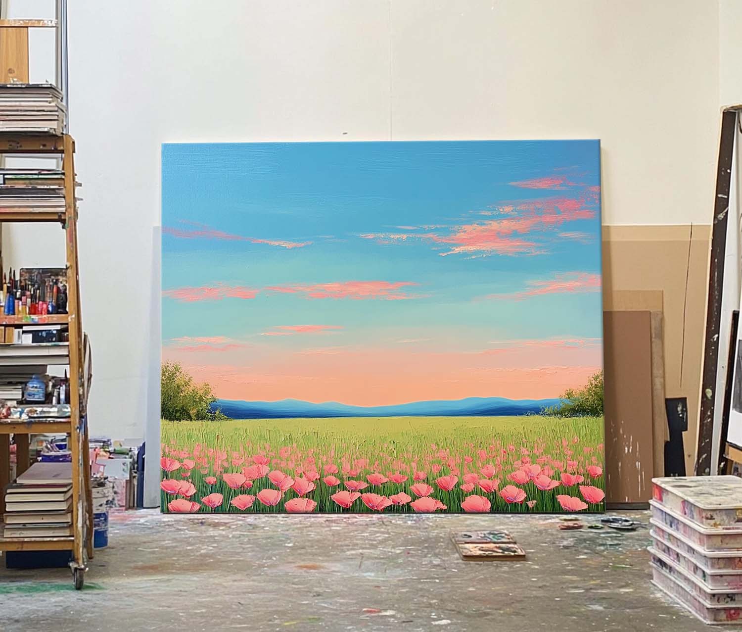 Wildflower Field Landscape Oil Painting Sunset Scenery painting Muted Country Field Wall Art Nature Artwork