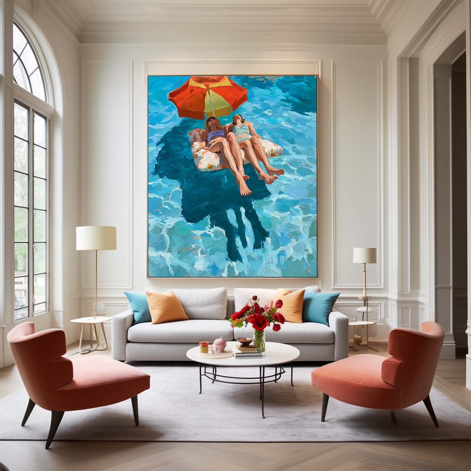 Original Diving Wall Art Abstract Lady playing In Water Oil Painting Canvas Modern Swimming Artwork