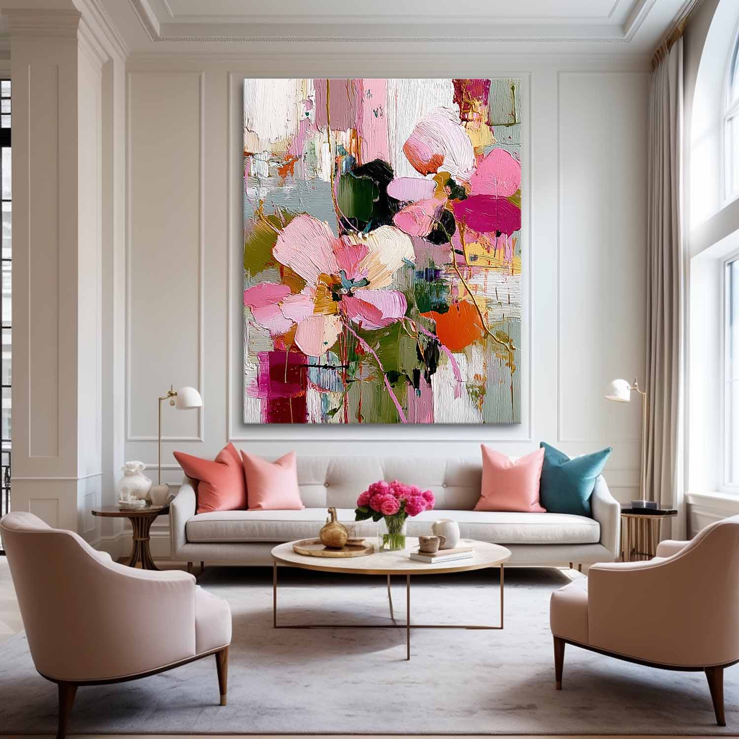 Large Pink Flower Abstract Painting Canvas Original Artwork Texture Plant Wall Art For Living Room