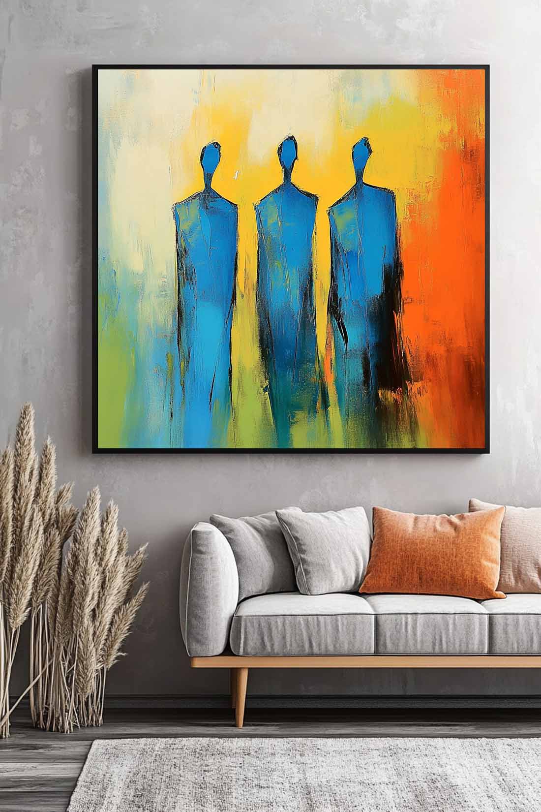 Original Blue Figure Acrylic Painting Canvas Colorful Abstract Wall Art Square Large Portrait Artwork