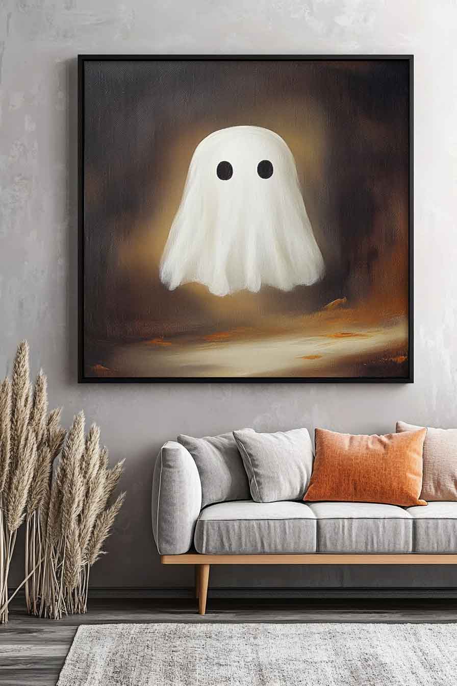 Large Cute Ghost Square Texture Abstract Wall Art Framed Modern Abstract Canvas Painting Holiday Decorations