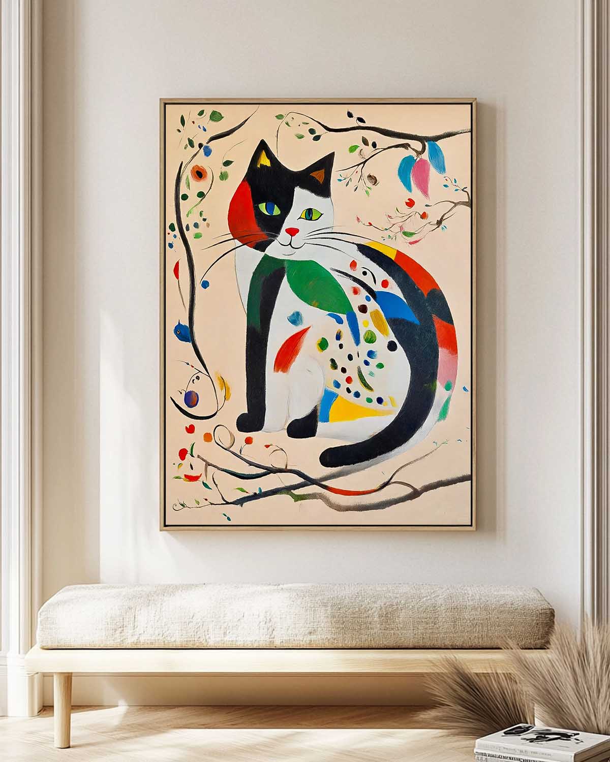 Modern Cat Oil Painting Framed Artwork Joan Miró Style Abstract Cat Childlike Oil Painting Large Cat Pop Art