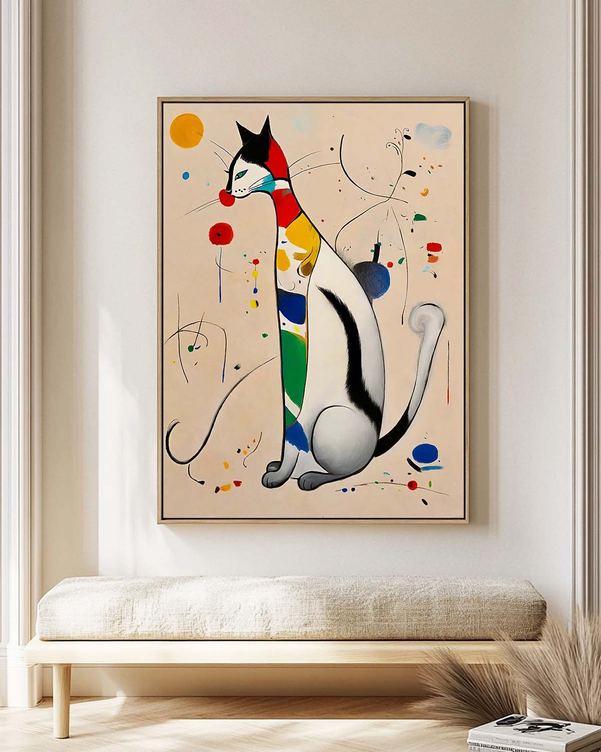 Modern Cat Oil Painting Framed Artwork Surreal Joan Miró Style Abstract Cat Oil Painting Large Cat Pop Art