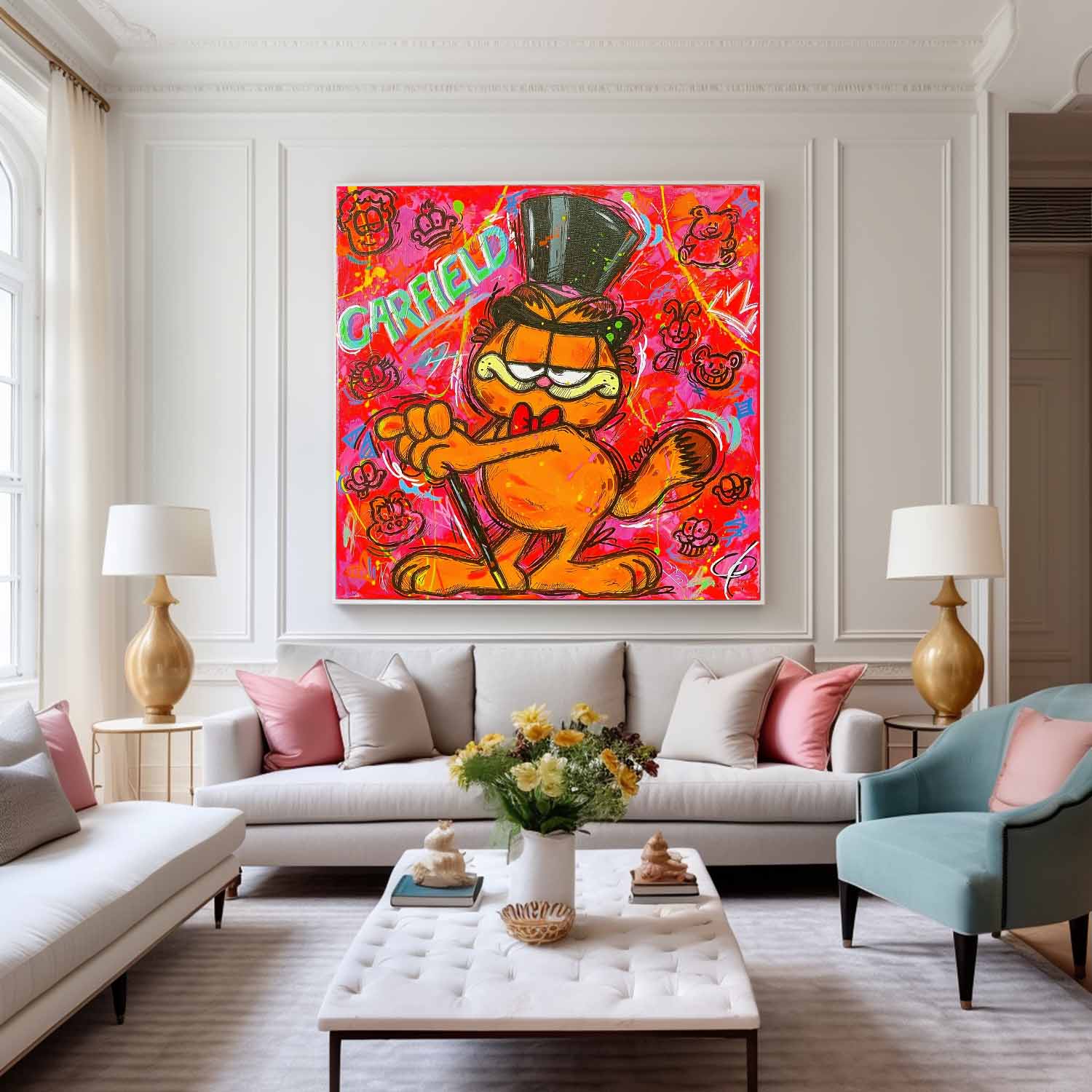 Original Lovely Cartoon Characters Wall Art Famous Garfield Oil Painting Canvas Large Animal Artwork