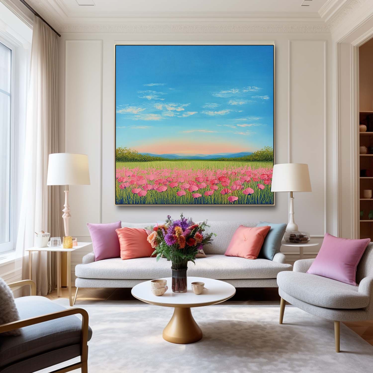 Landscape painting Nature Artwork Muted Country Field Wall Art Wildflower Field Scenery Oil Painting
