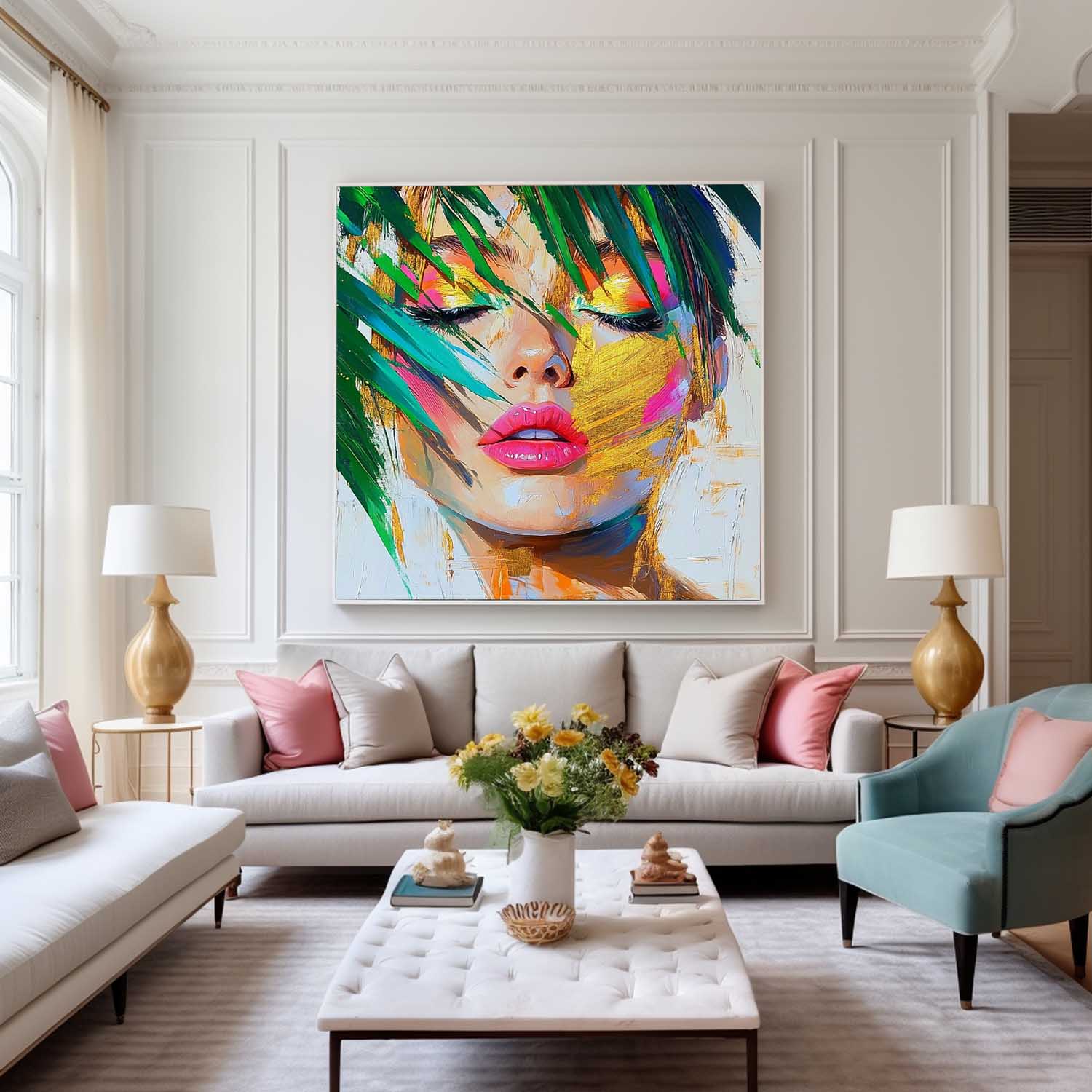 Beautiful Girl Abstract Wall Art Origina Lady Face Acrylic Painting Canvas Square Large Portrait Artwork