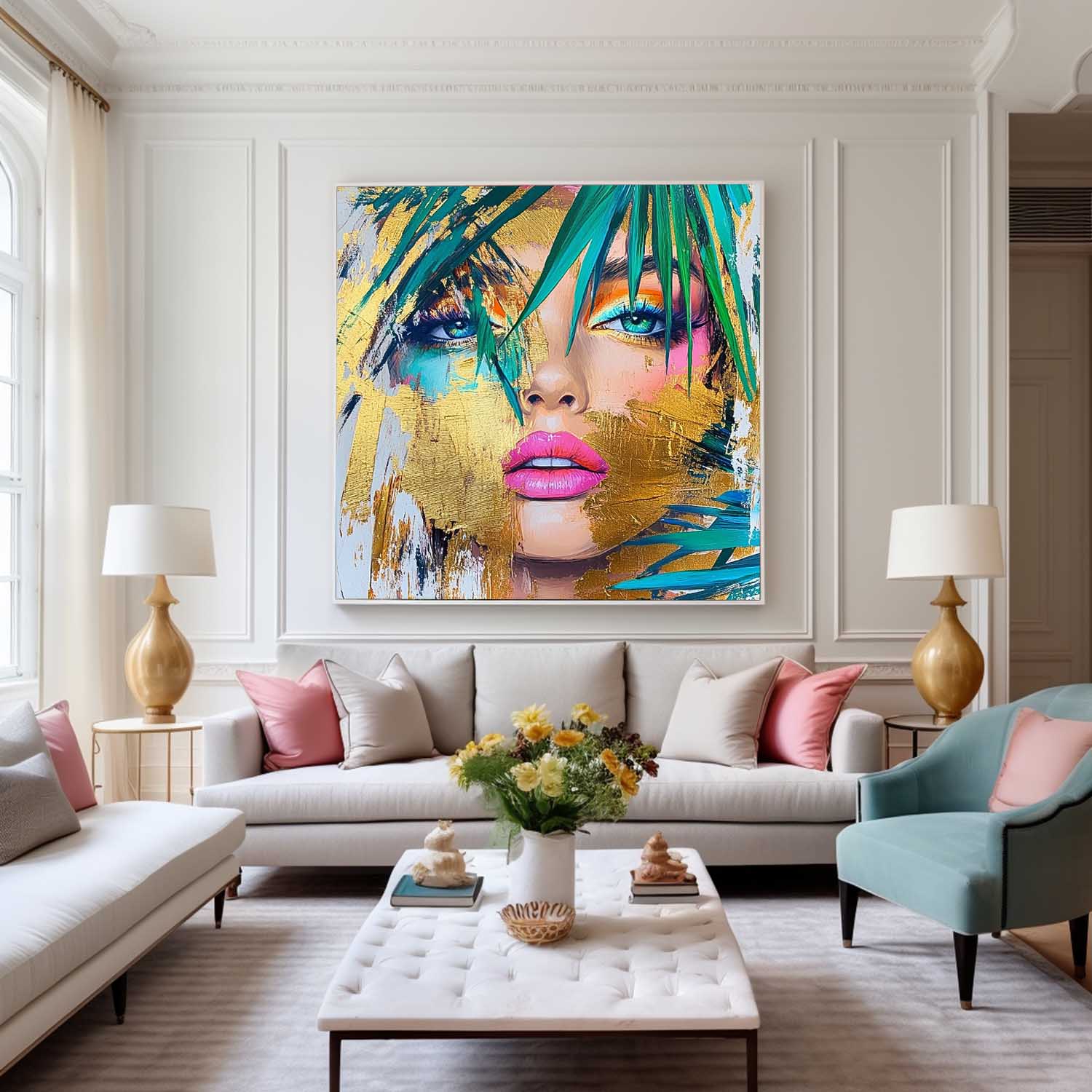 Origina Lady Face Acrylic Painting Canvas Gold Girl Abstract Wall Art Square Large Portrait Artwork