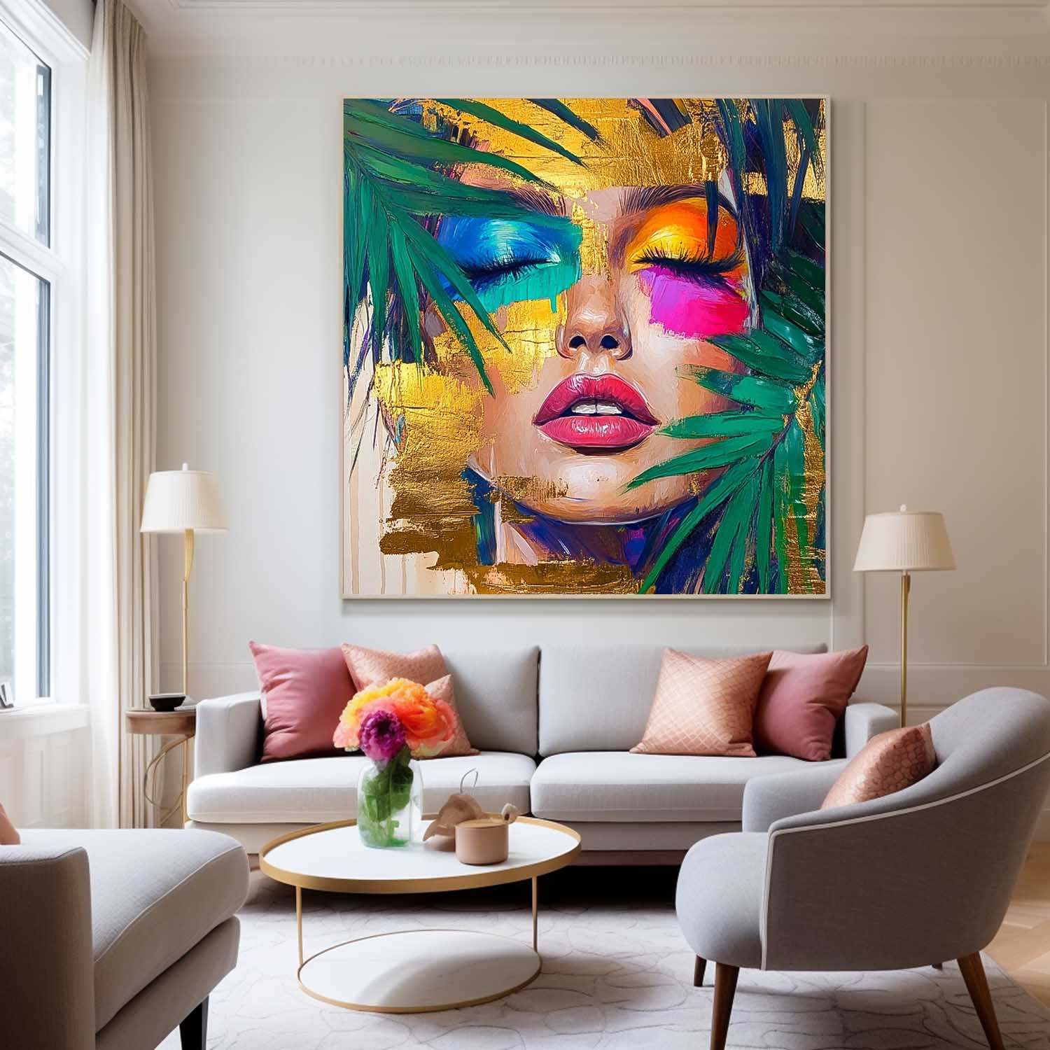 Square Large Woman Portrait Artwork Beautiful Girl Abstract Wall Art Origina Lady Acrylic Painting Canvas