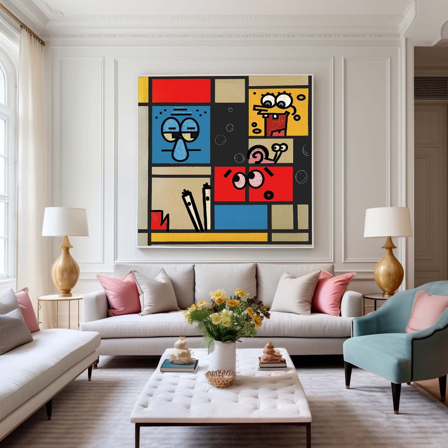 Geometric Cartoon Large Texture Abstract Wall Art Abstract SpongeBob Oil Painting Canvas Framed Home Decor