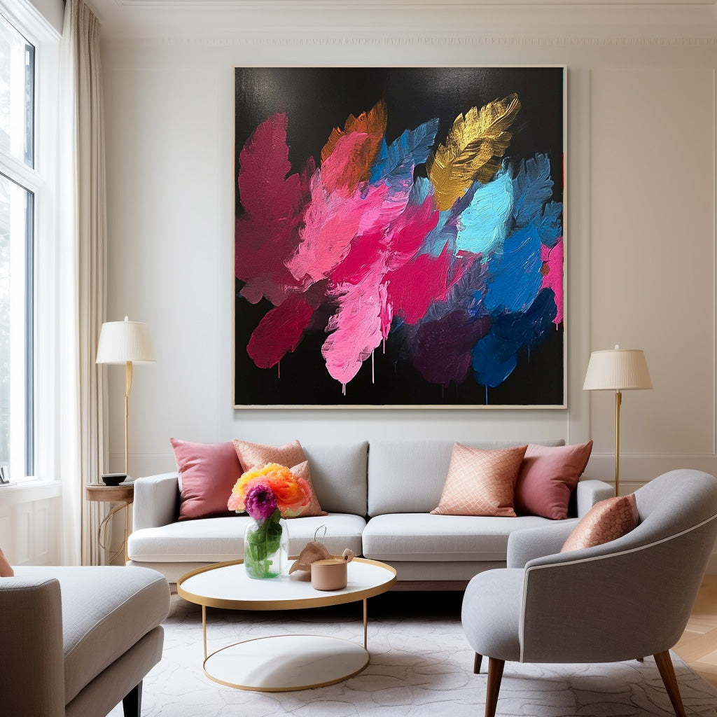 Square Contemporary Colored Leaves Painting Large Textured Abstract Leaves Paintings Original Framed Artwork