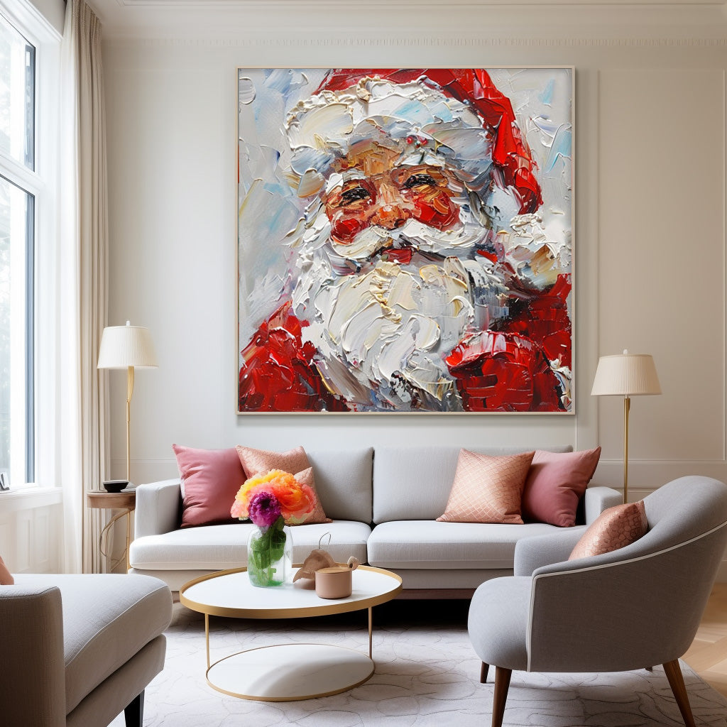 Square Christmas Wall Art Vintage Santa Claus Painting Rustic Classic Santa Xmas Holiday Decor Winter Santa