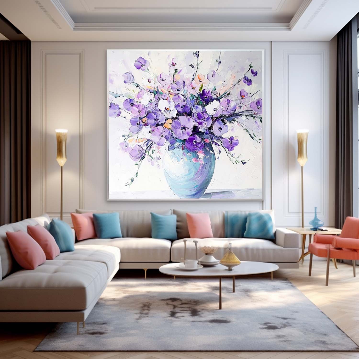 Original Exquisite Vase Art Large Purple Textured Flower Painting Modern Floral Wall Art For Living Room