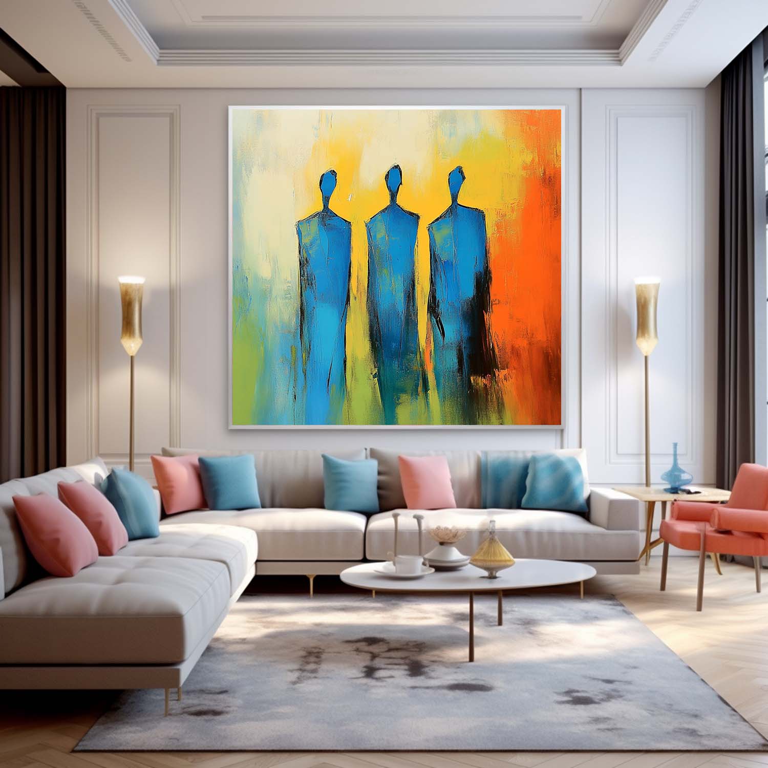 Original Blue Figure Acrylic Painting Canvas Colorful Abstract Wall Art Square Large Portrait Artwork