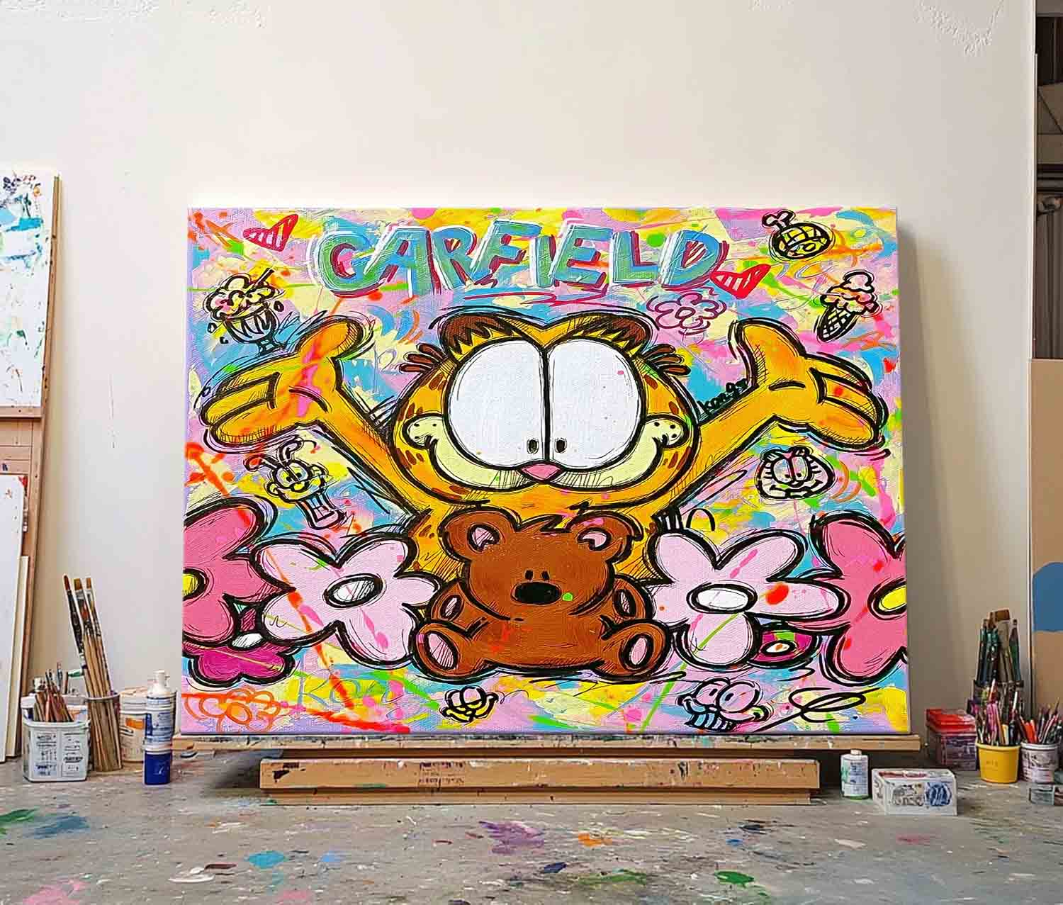 Modern Abstract Animal Oil Painting On Canvas Cute Garfield Painting Wall Art Living Room Decor