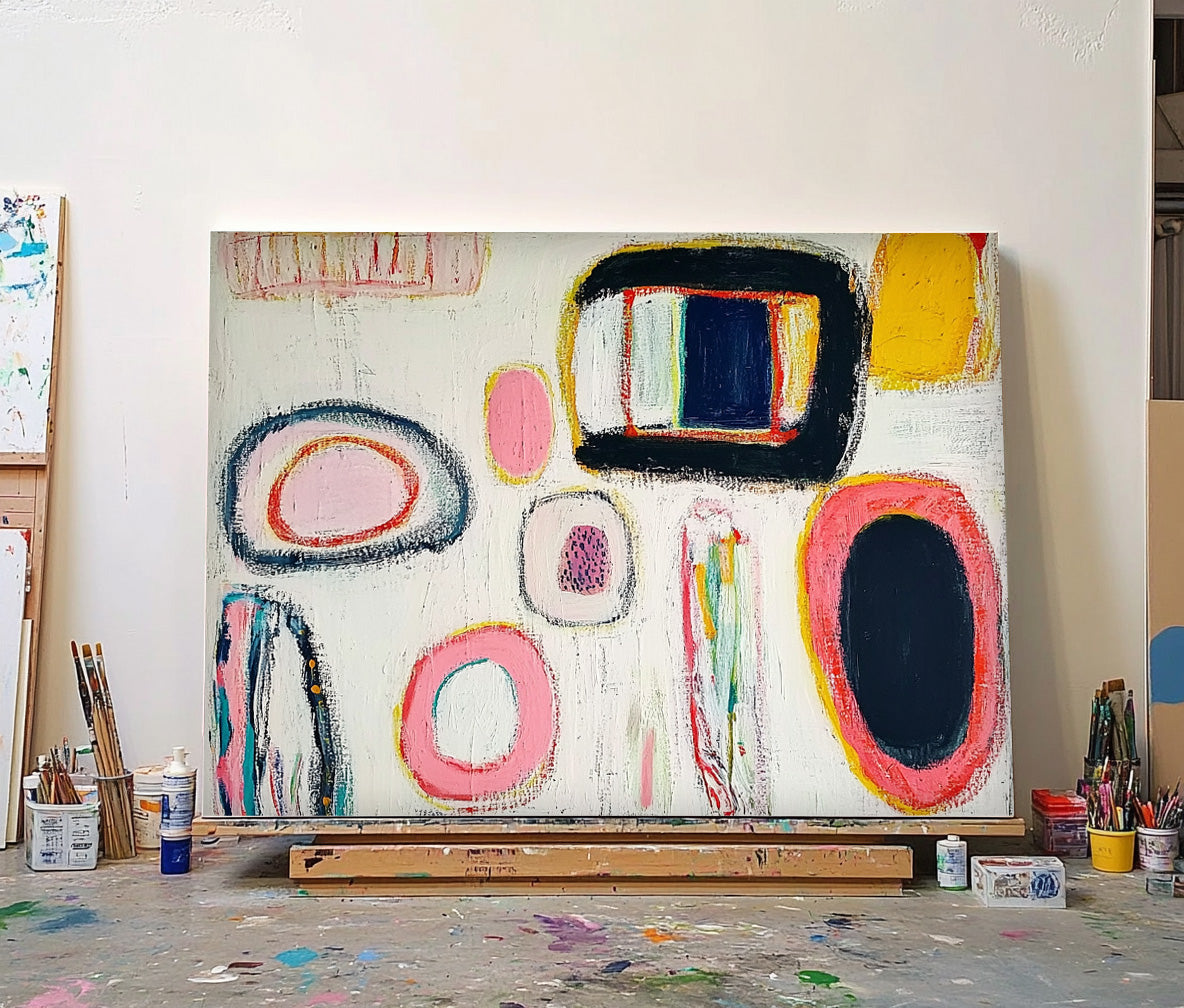 White Abstract Graffiti Oil Painting Modern Colorful Artwork Original Irregular Geometric Circles Wall Art