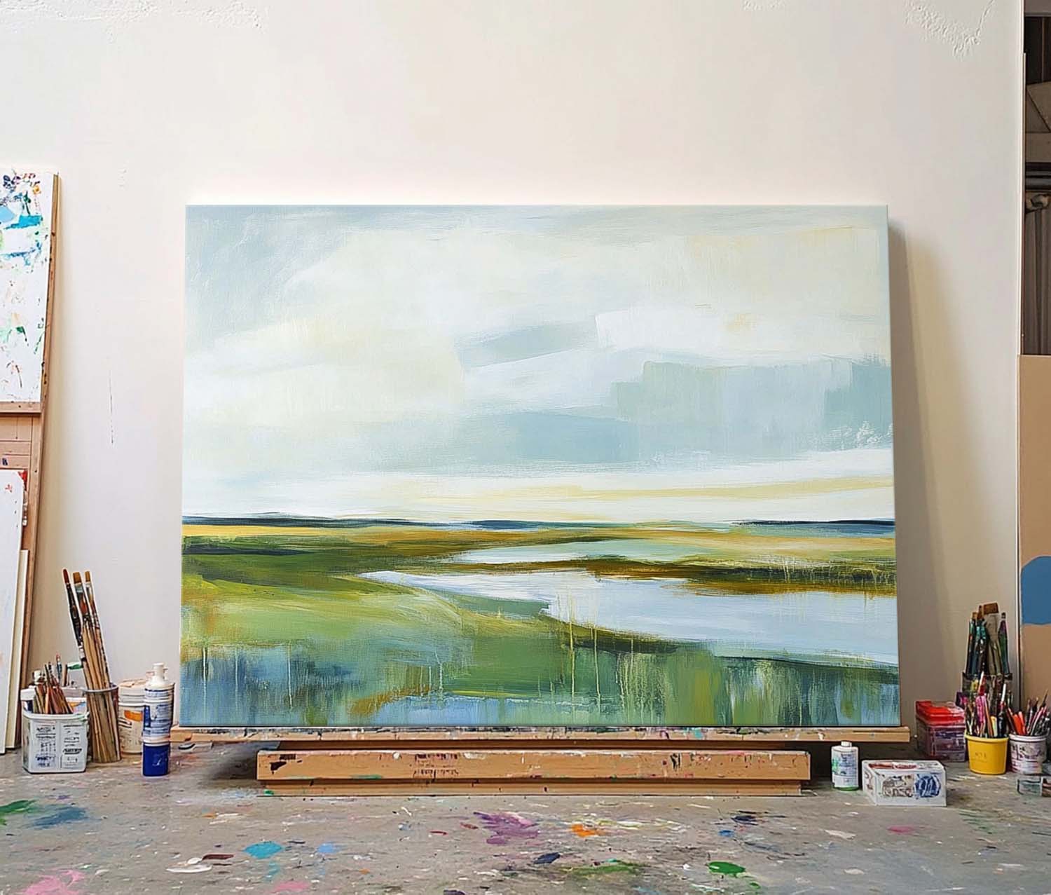 Abstract Lake Landscape Oil Painting Green Countryside Landscape Artwork Large Blue Texture Wall Art Framed