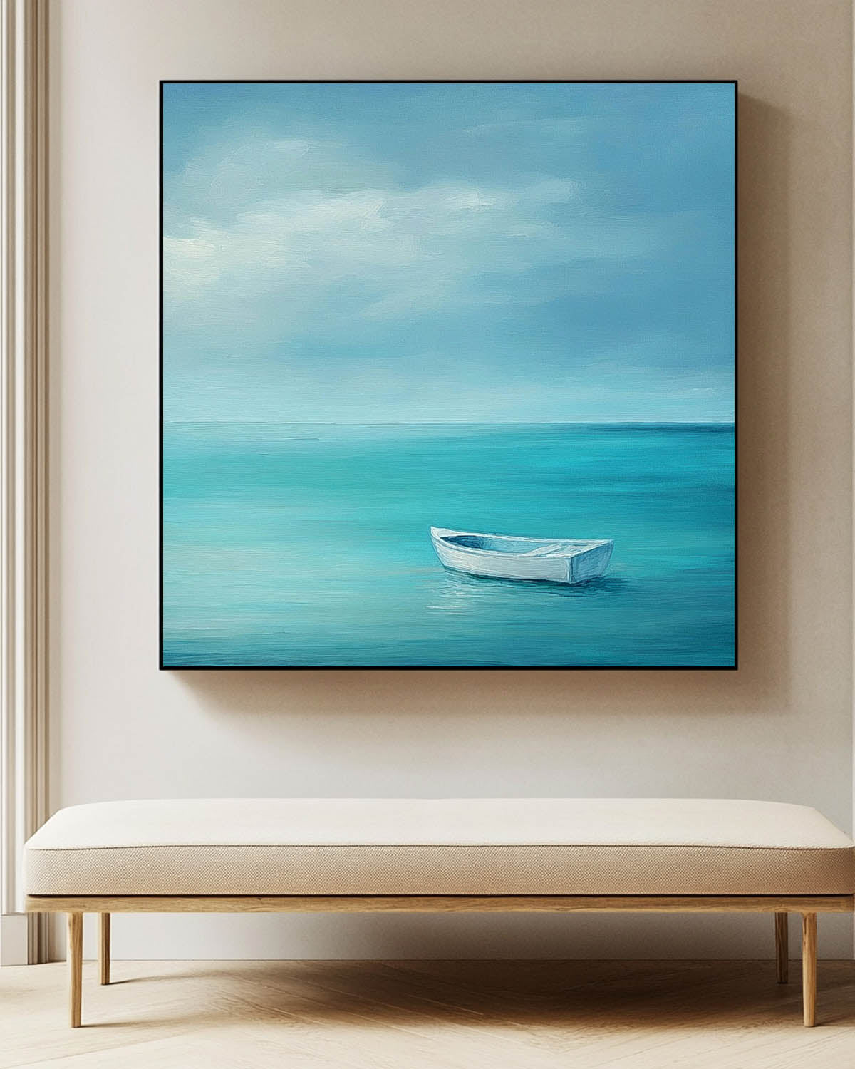 Large Small Boat Wall Art Seaside Landscape Artwork Abstract Offing Scenery Oil Painting Framed Home Decor