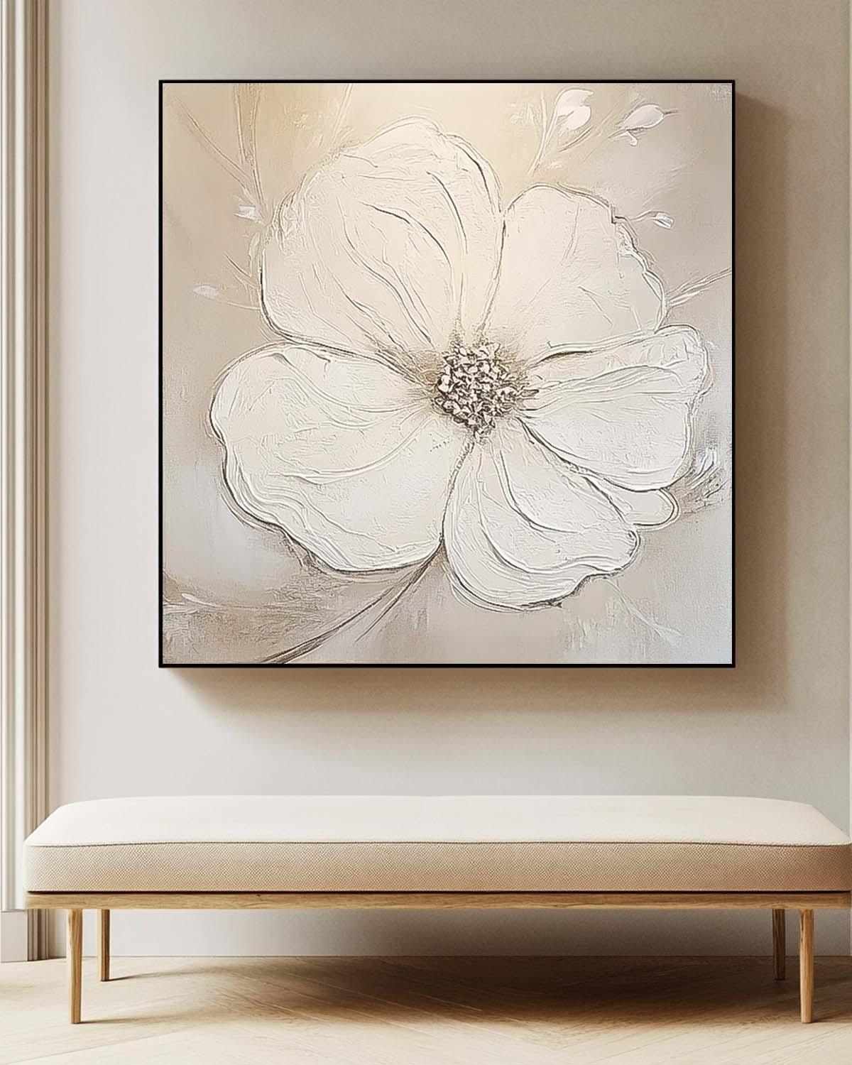 Simple Minimalist Art Original Large Textured Four Leaf Clover Painting Modern White Wall Art For Living Room