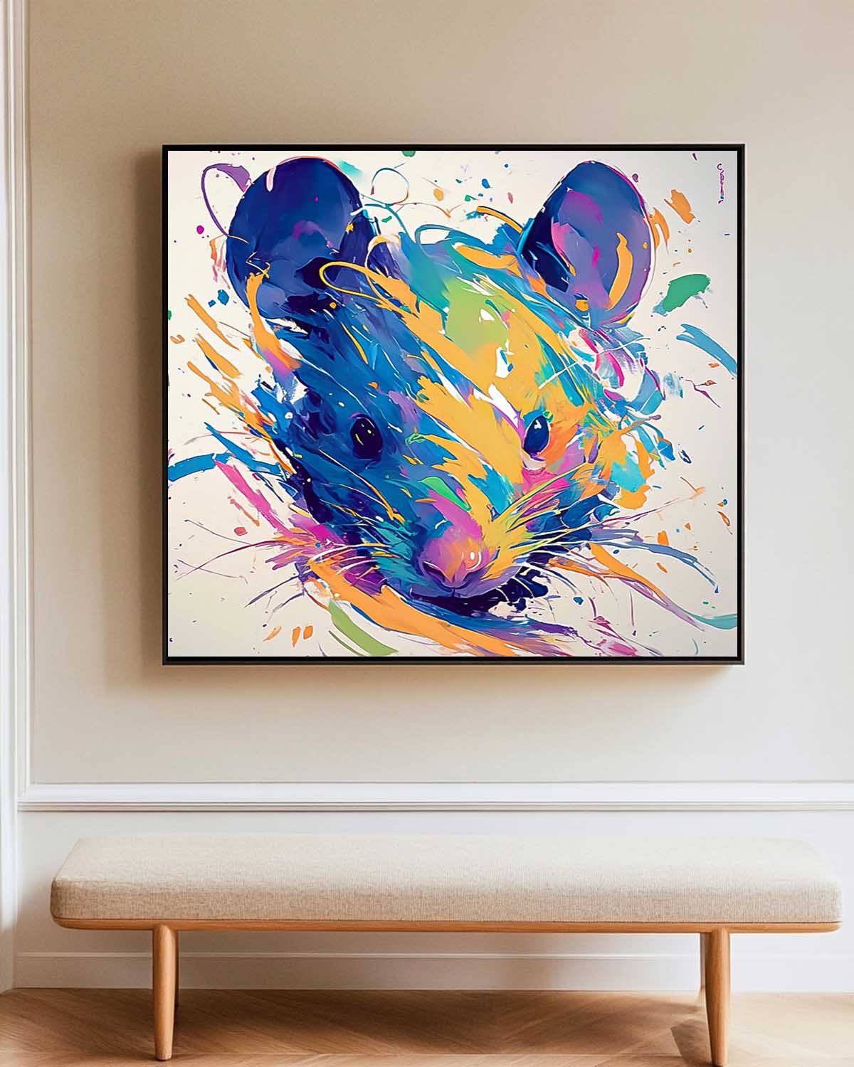Original Lovely Rat Wall Art Square Mouse Oil Painting Canvas Large Colorful Animal Artwork Home Decor