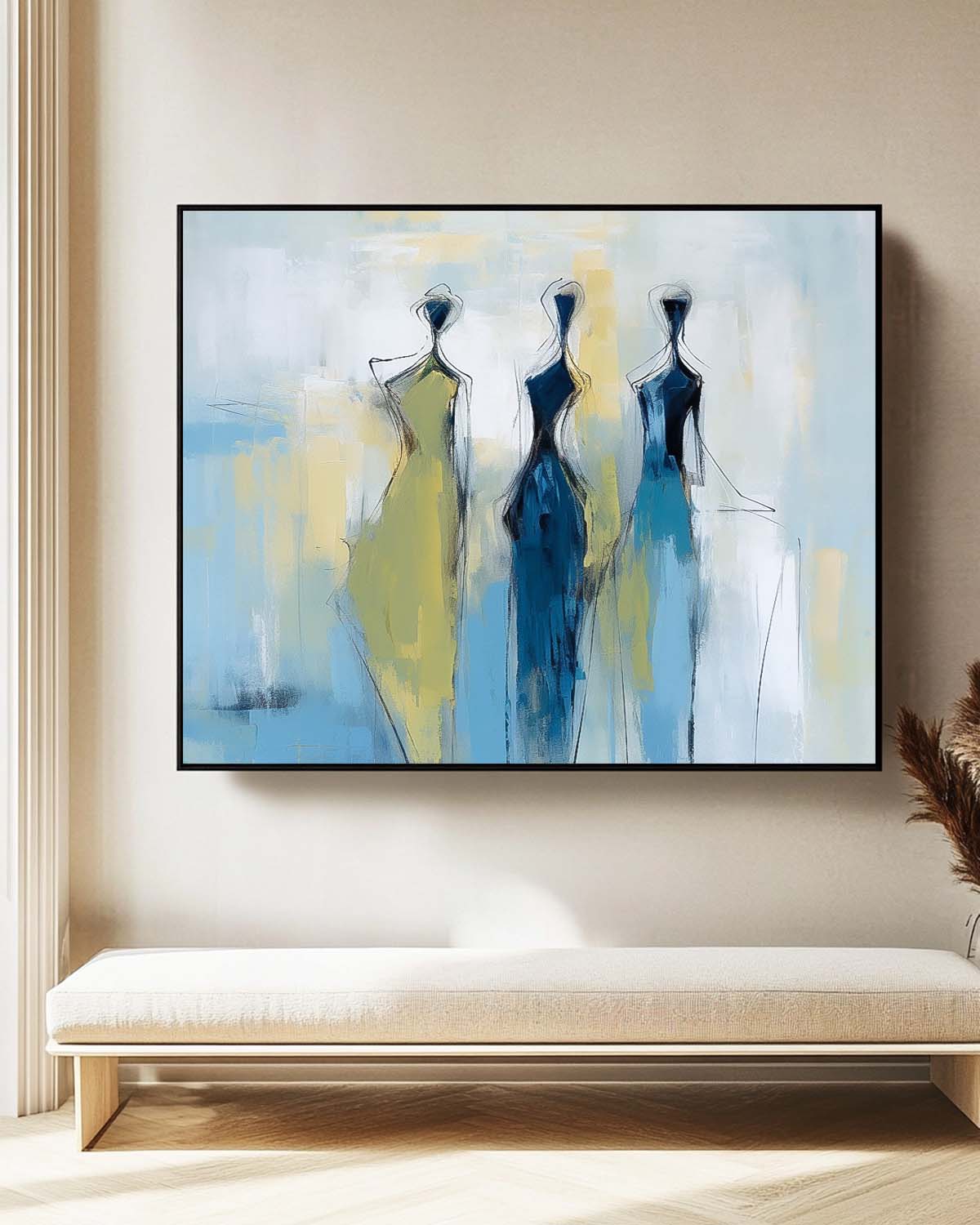 Modern Minimal Abstract Oil Painting Contemporary Gallery Wall Art Blue Figure View Of Back Home Decor