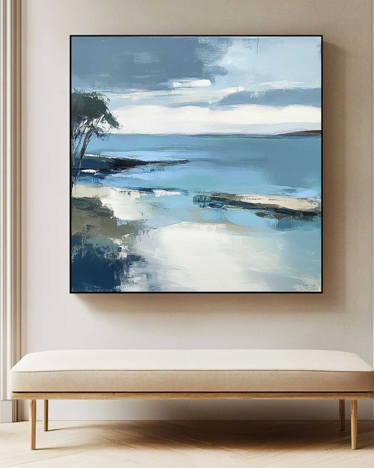 Large Blue Texture Wall Art Seaside Landscape Artwork Abstract Offing Scenery Oil Painting Framed Home Decor