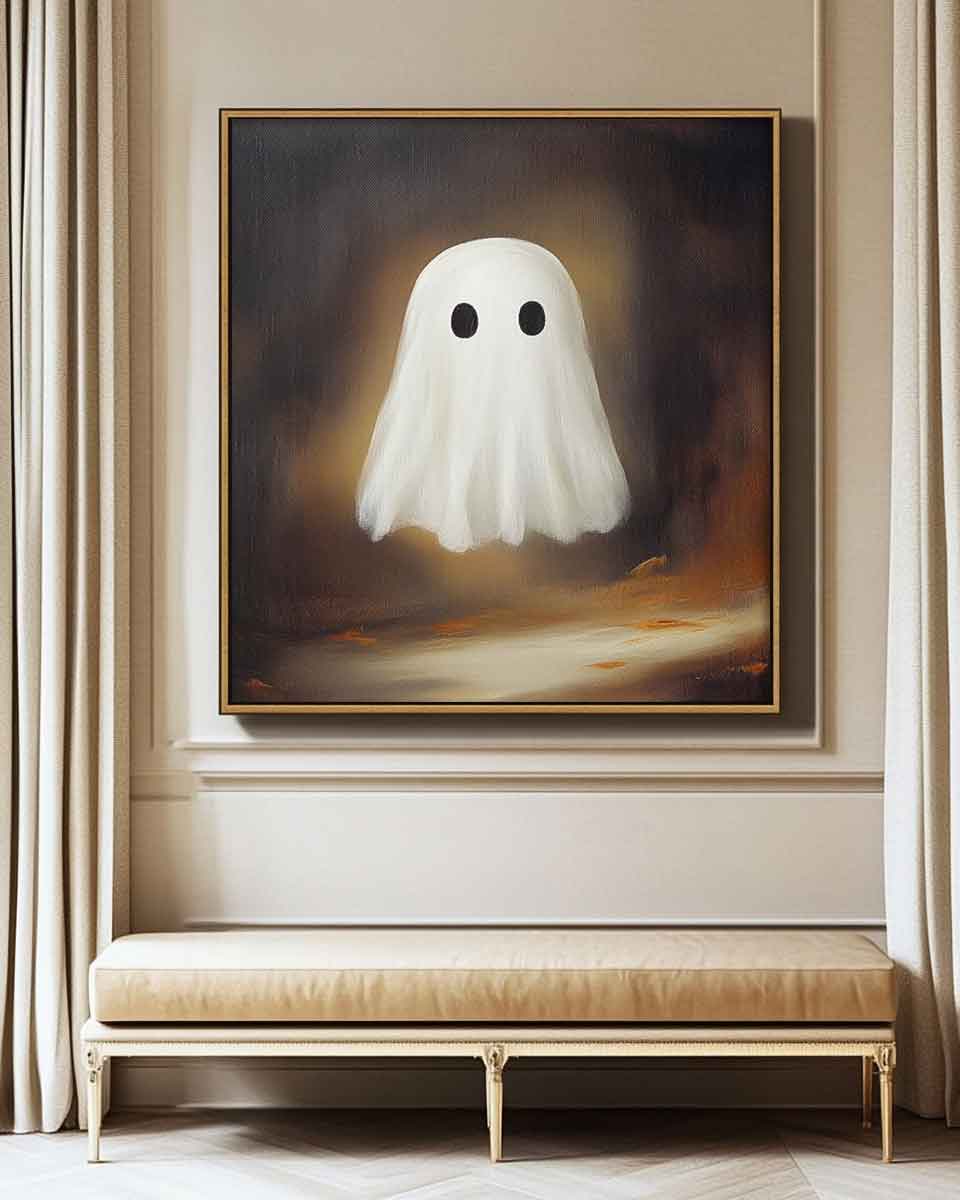 Large Cute Ghost Square Texture Abstract Wall Art Framed Modern Abstract Canvas Painting Holiday Decorations