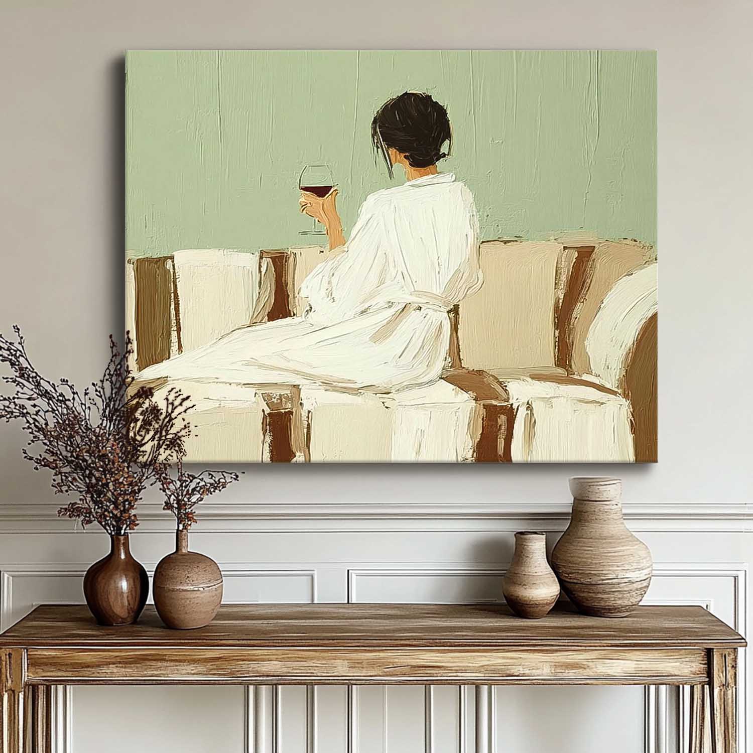 Abstract Lady Painting Canvas Figure Artwork Framed Original Wearing A Bathrobe Woman Wall Art