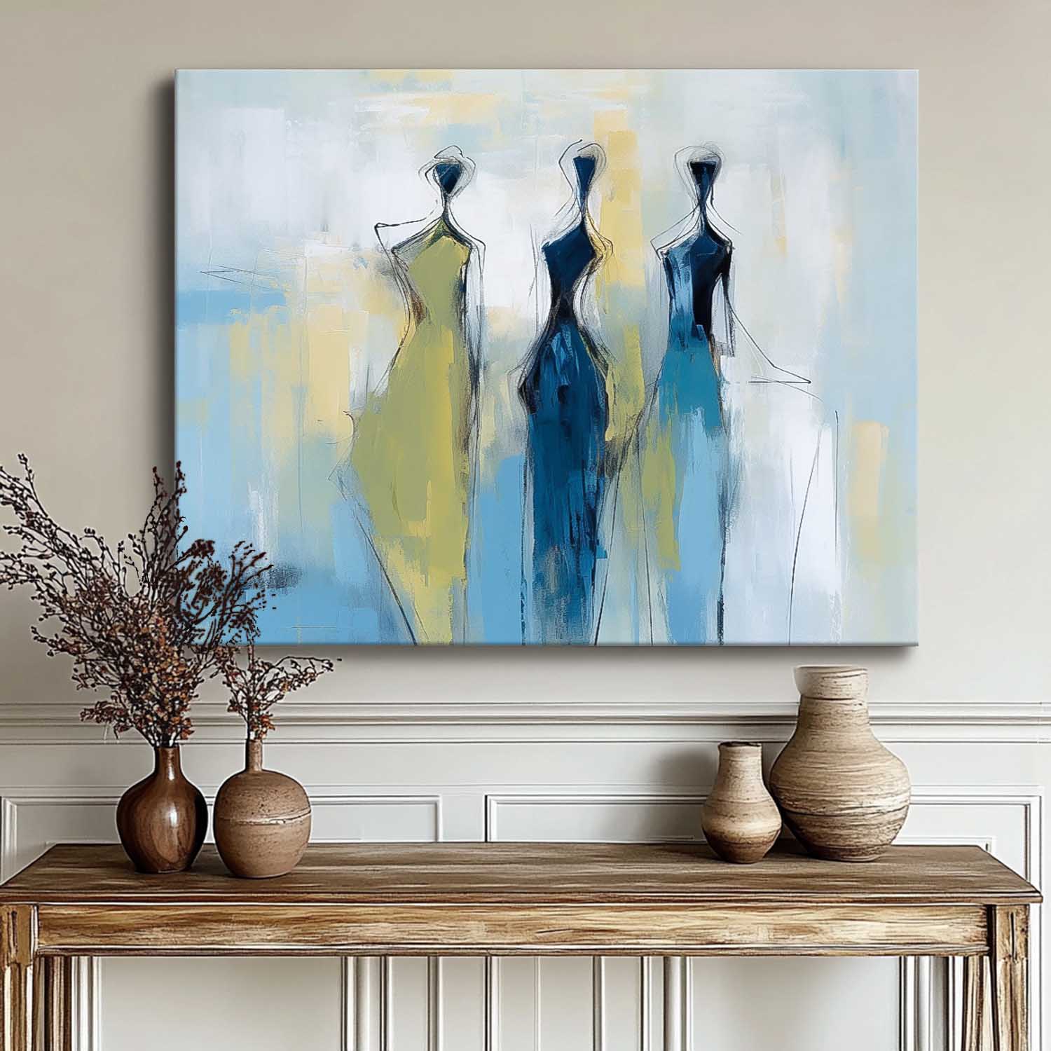 Modern Minimal Abstract Oil Painting Contemporary Gallery Wall Art Blue Figure View Of Back Home Decor