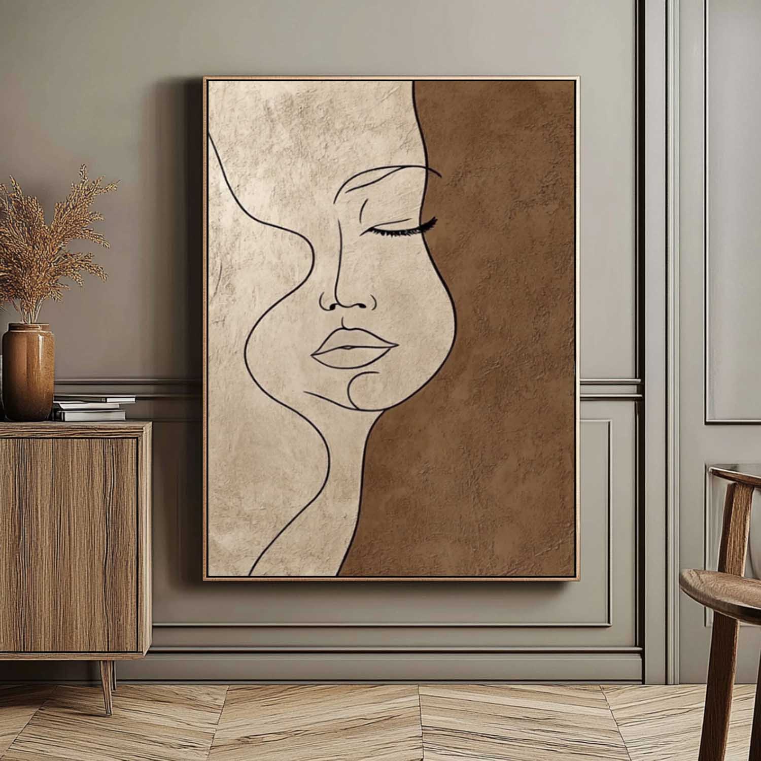 Brown Original Figure Acrylic Painting Large Women Face Abstract Wall Art Portrait Artwork Home Decor