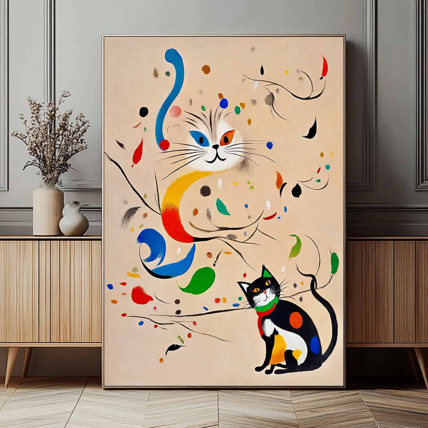 Colorful Modern Cat Oil Painting Joan Miró Style Abstract Cat Acrylic Painting Pop Artwork Home Decor