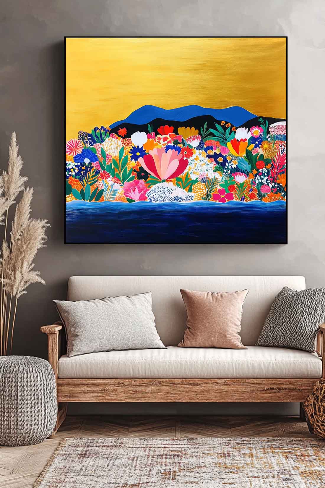 Floral Painting on Canvas Original Flower Bush Botanical Square Artwork Large Illustration style Wall Art