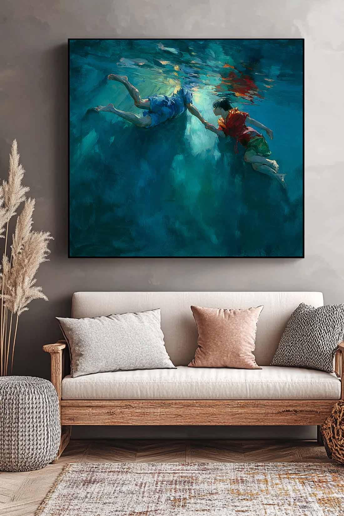 Two Children Artwork Square Diving In Ocean Acrylic Painting Original Child swimming Wall Art For Living Room