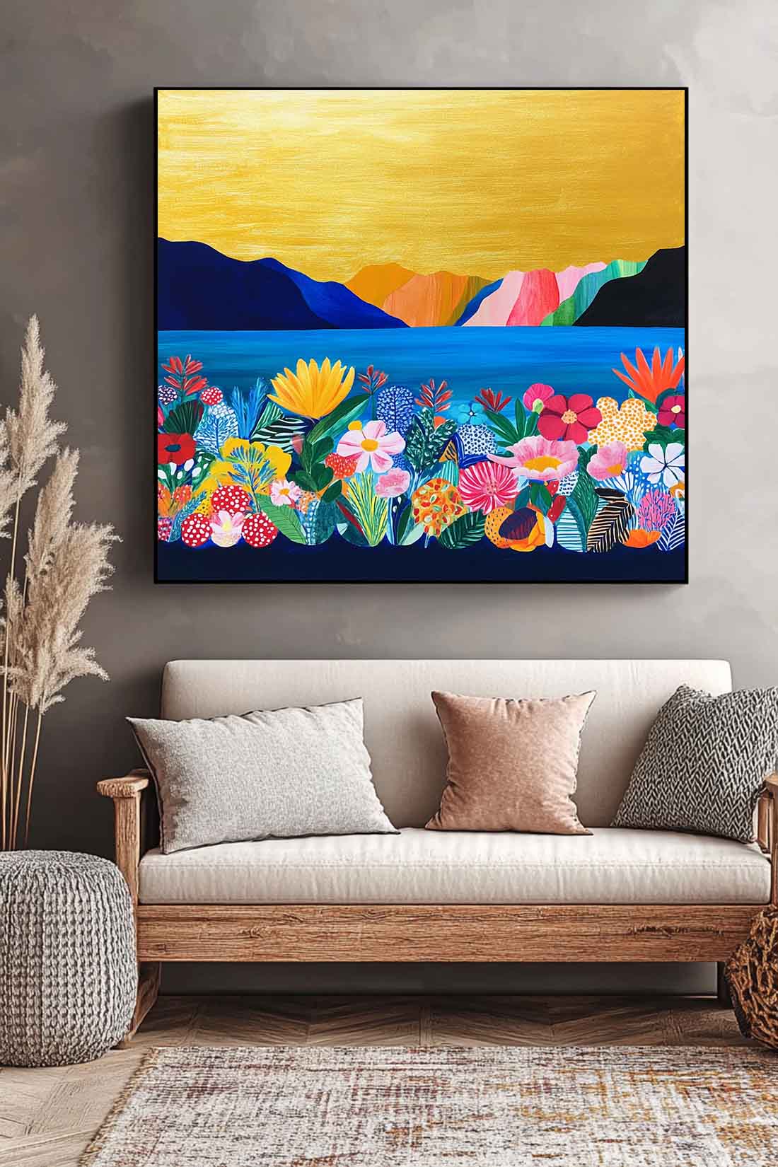 Floral Painting on Canvas Large Illustration style Wall Art Original Flower Bush Botanical Square Artwork
