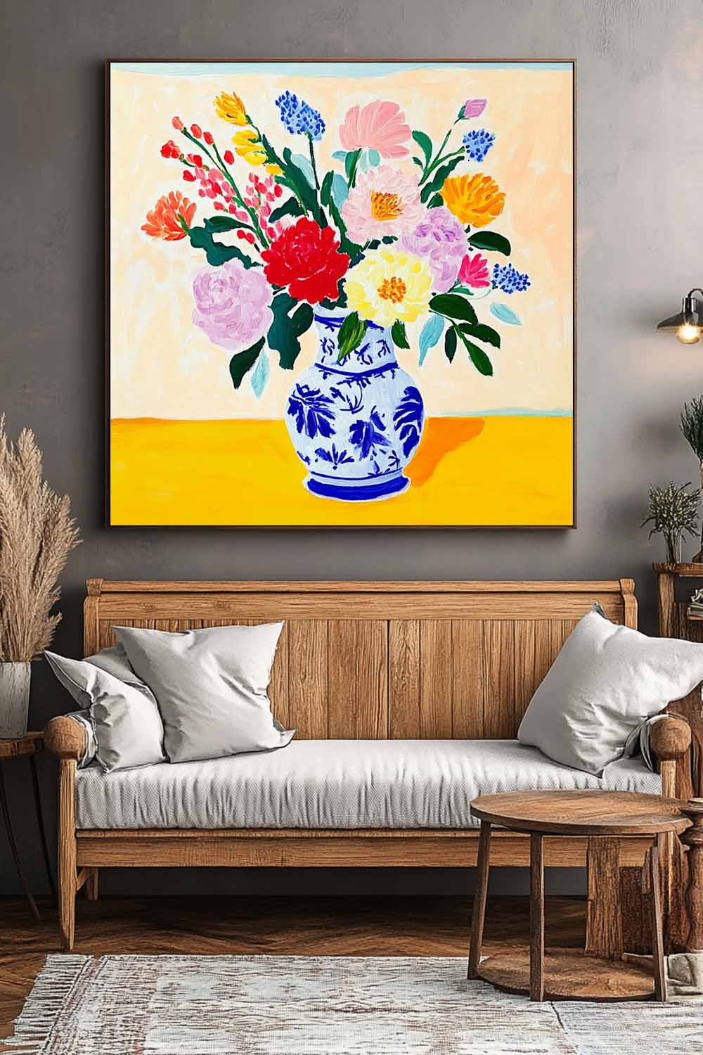 Original Flower Square Vase Artwork Floral Texture Painting on Canvas Large Illustration style Wall Art